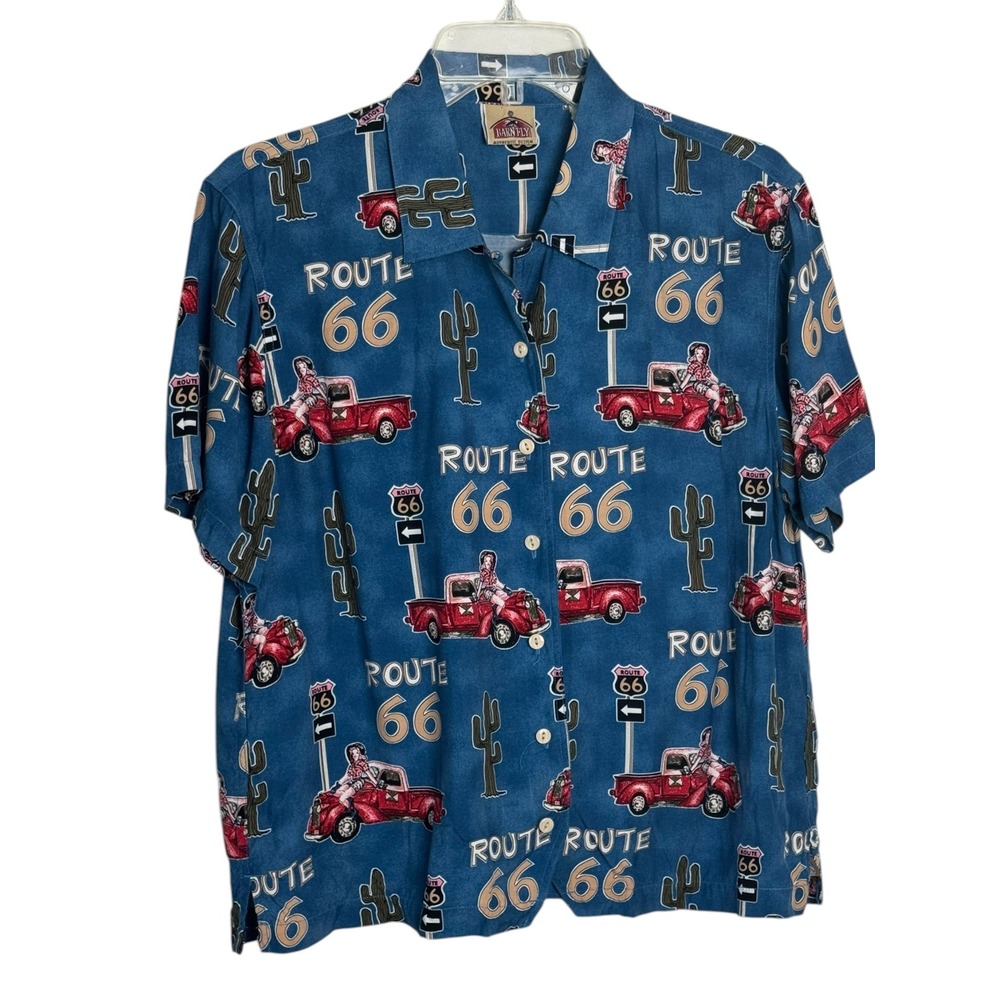 Barn Fly Route‎ 66 Americana Button Front Shirt Blue Red Truck Pinup Cowgirl XL
